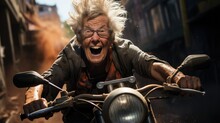 Funny Elderly Woman Is Riding A Modern Motorcycle With Joyful Expressive. 