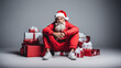 Original portrait of the new Santa Claus sitting on a pile of red and white presents, hipster style, original haute-couture photographie, red suit and Santa hat, white sneakers, AI