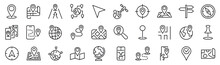 Set Of 30 Outline Icons Related To Navigation, Gps, Location, Route. Linear Icon Collection. Editable Stroke. Vector Illustration