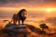  3D render of Pride Rock at sunrise, with Simba and his royal lineage proudly overlooking the African savanna