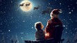 Christmas. Child sitting next to Santa Claus looking at him in amazement. He reindeer flying over a huge full moon while snowing.