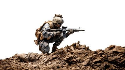 GOVERNMENT SOLDIER IN COMBAT, RIFLE READY FOR COMBAT. PNG WITH TRANSPARENT BACKGROUND.