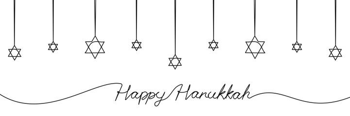 Wall Mural - Happy Hanukkah one continuous line background with Star of David garland. Hebrew Magen, Shield of David. Minimal banner template. Vector illustration isolated on white backdrop