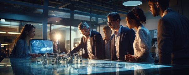 engineers meeting technology research in laoratory, deep blue colors