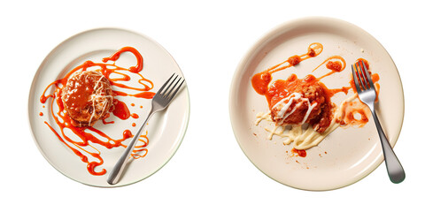 Finished plate with red sauce cutlery and leftover pasta meatballs on transparent background