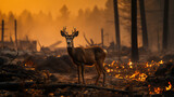 Fototapeta  - Deer on background Burnt forest, forest fire, climate change concept. Danger of forest fires for wild animals. 