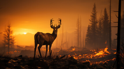 Deer on background Burnt forest, forest fire, climate change concept. Danger of forest fires for wild animals. 