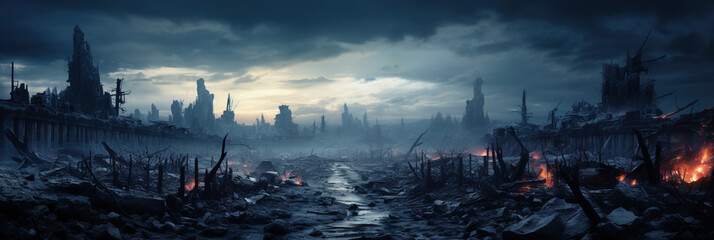 post apocalypse after world war, apocalyptic destroyed city, banner