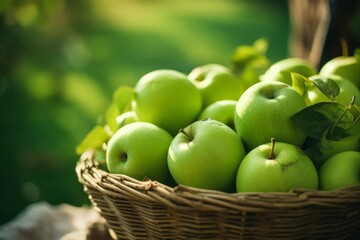 Wall Mural - fresh apples on a fruit basket with blurred background