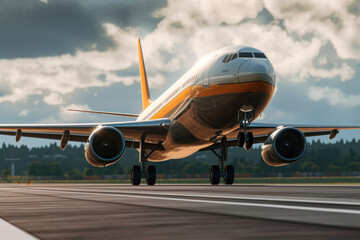 Poster - View of the plane taking off, the concept of air travel, vacation. Generative AI.