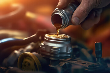 Poster - replacing or adding oil to a car engine. car engine care concept, car check and inspection. generati