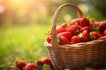 Wall Mural - a basket full of delicious fresh red strawberries in a garden