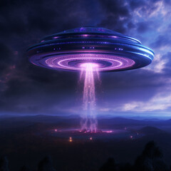 alien spaceship flying over the forest