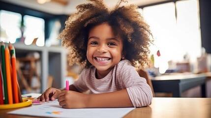 colorful childhood, young african-american girl draws passionately at home with colored pencils.