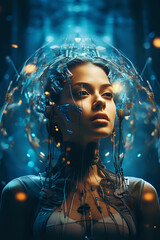 Poster - girl and visualization of brain development technologies, fantasy on the topic of innovative learning in the future