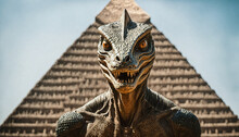 Closeup Of Reptoid Humanoid With Lizard Eyes Sharp Teeths Looking At Viewer With Ancient Pyramid In Background, Generative AI