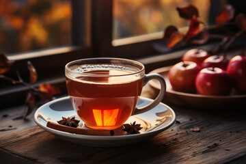 Sticker - A cup of steaming hot apple cider sits on a wooden table, radiating warmth and comfort on a crisp autumn day. Concept of Cozy Beverage. Generative Ai.