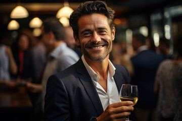 Sticker - A businessman enjoys a wine tasting experience after attending a seminar, highlighting the fusion of professional growth and personal enjoyment. Generative Ai.