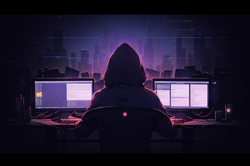 hacker sitting at the computer, cyber security and anti-spyware concept