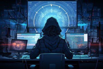 hacker sitting at the computer, cyber security and anti-spyware concept