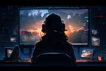 hacker sitting at the computer, cyber security and anti-spyware concept