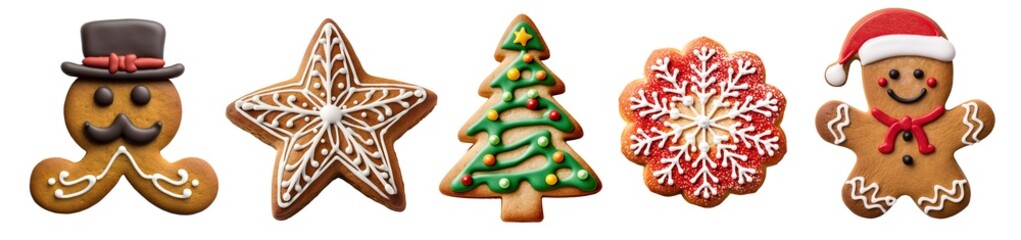 gingerbread christmas snowflake star santa man tree cookie biscuit on transparent background cutout.