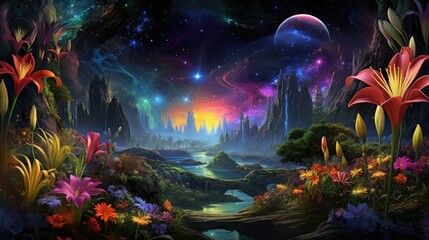 Wall Mural - cosmic lily in universe. fantasy fairy tale abstract blossoming flowers with galaxy space illustrati