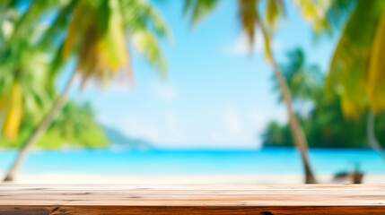 Wall Mural - Top of wood table with blurred sea and coconut tree background. Empty ready for your product display montage. Concept of beach in summer, digital ai
