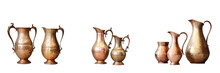 Antique copper brass jugs on transparent background