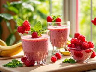 Wall Mural - Fresh smoothie with raspberry, banana, mint