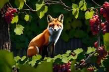 A Curious Fox Standing At The Edge Of A Grapevine Yard, Its Keen Eyes Fixed Attentively On The Luscious Bunches Of Grapes Hanging Tantalizingly Just Out Of Reach. 