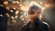 © Alvin Harambašić - Imagine Stunning realistic full-body portrait of a happy old woman with flying bitcoins in a room
