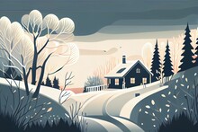 Whimsical Winter Wonderland: A Flat Illustration Of A Magical Snowy Landscape
