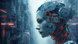 Fototapeta Nowy Jork - Young female humanoid head is connected to a super computer, symbolizing artificial intelligence. Futuristic illustration of the relationship between humans and neural networks. Copy space