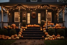 Decorated entrance to the house with pumpkins for Halloween