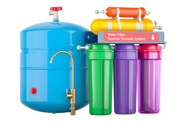 Poster - Colored Home Drinking Water System. Reverse Osmosis System, 3D rendering isolated on transparent background