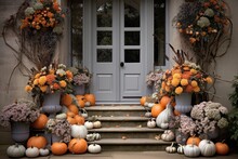 Porch Of House, Decorated With Pumpkins And Flowers
