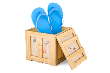 Wall Mural - Blue flip-flops inside wooden box, delivery concept. 3D rendering