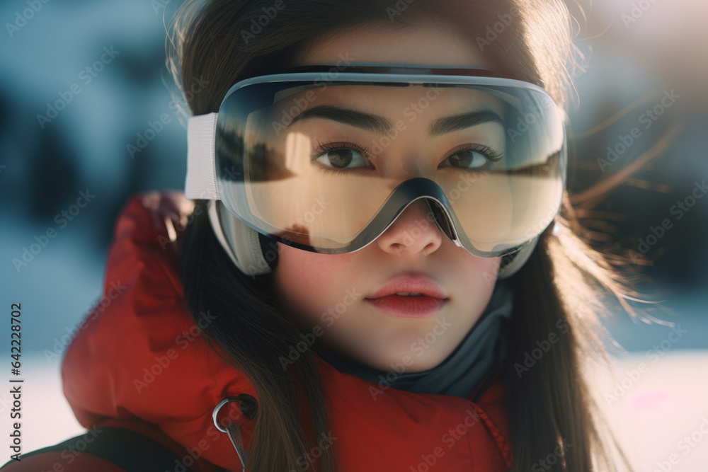 woman wearing ski goggles on a winter mountain slope. She is dressed in ...