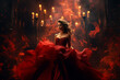A stunning woman captivates in her elegant bright red dress in a candle dimly lit room. Generative AI