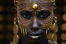 Close-up Image Of Person Wearing Gold Mask. This Picture Can Be Used For Various Purposes, Such As Masquerade Parties, Costume Events, Or Theatrical Productions.