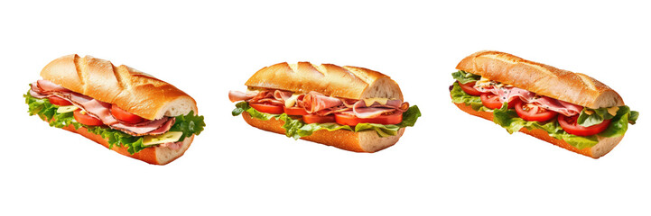 Wall Mural - transparent background with fresh baguette sandwich containing ham cheese tomatoes and lettuce