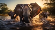 A Group Of African Elephants Bathing And Playing In A River, The Water Splashing And Droplets Glistening In The Sunlight. Generative AI
