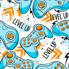 Aufkleber - Seamless abstract pattern with colourful silhouettes joystick game. Background for boys.