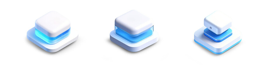 set of shiny glossy blue and white glass and plastic icons in box square 3d shape as illustration user interface or smartphone app logo or icon isolated on transparent png background