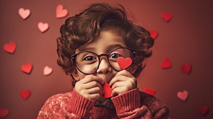 Wall Mural - Boy, brown curly hair, glasses, red background with hearts, valentines day, copy space, 16:9