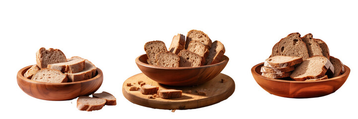 Slices of rye bread arranged in a wooden bowl on a transparent background