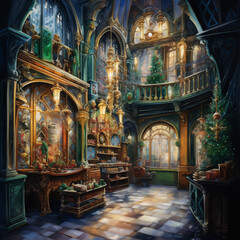 Wall Mural - Watercolor Painting, Santa's Workshop in an Enchanting Winter Setting with Fantastical Architecture, Generative AI