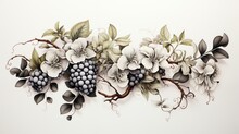 Illustrated Grapes On A Vine With Plain Background. Generative AI. 