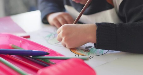 Poster - Creativity, school and hands of child drawing in a classroom for art lesson for education and development in class. Closeup, kindergarten and kid or student learning artistic homework on a desk